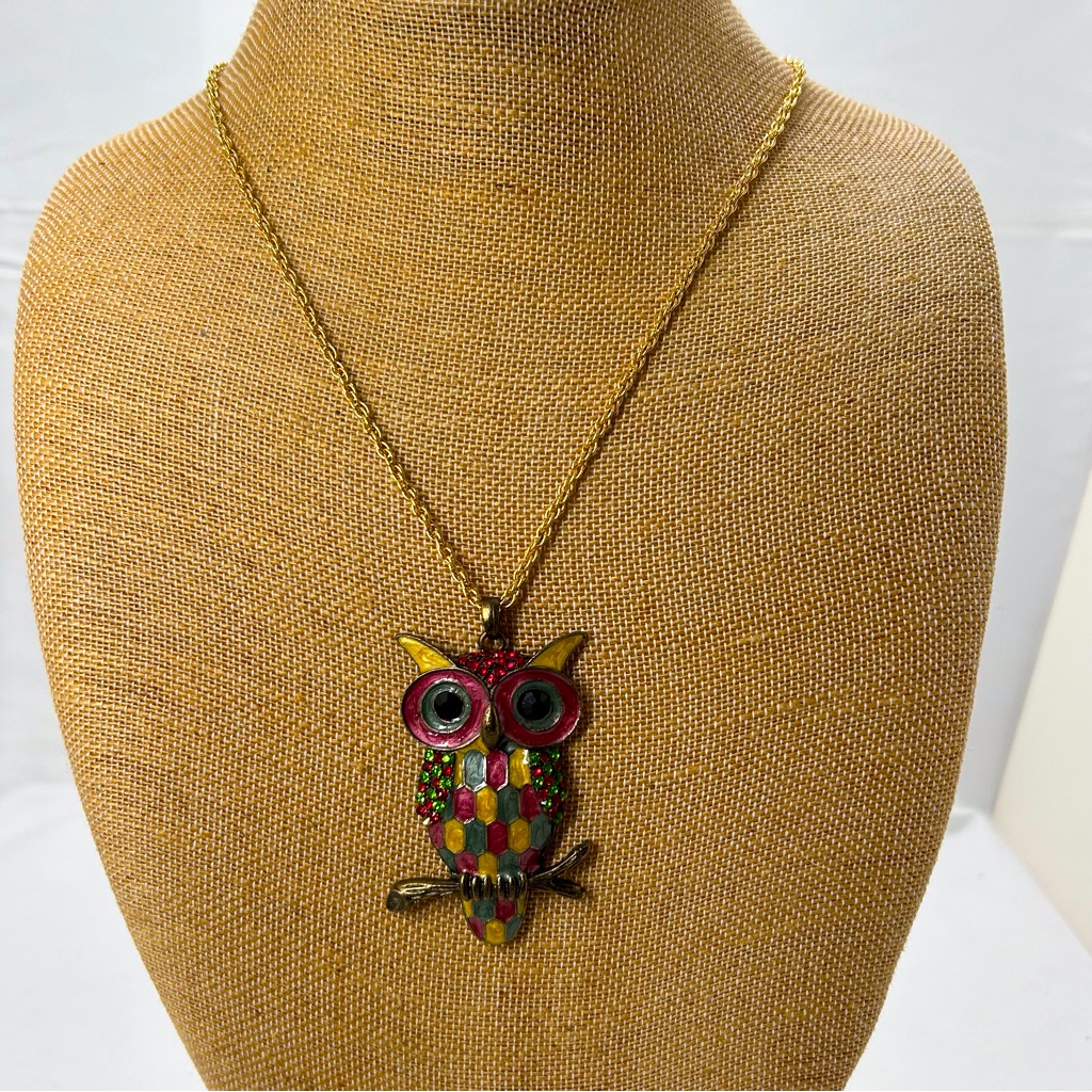Vintage Colorful Gold Chain With Enamel And Crystal Owl Pendant Necklace 20$